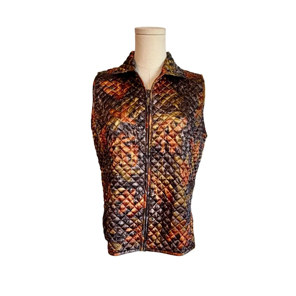 Chicos Quilted Zip Front Vest Womens 1 Medium Fall Abstract Print Copper Gold